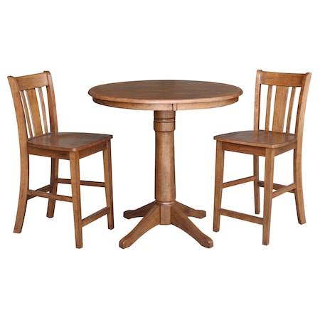 International Concepts Round 36 in Rd Ped Gathering Ht Table, 2 San Remo Stools, Distressed Oak, 36 in W, 36 in L, 35.1 in H K42-36RT-27B-S102-2